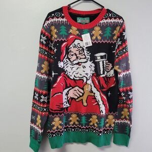 Ugly Christmas Sweater Mens Large Santa Beer‎ Gingerbread NWT Black KHXF5S8137